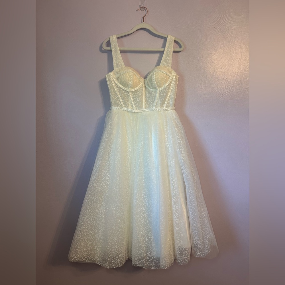 Etsy Tulle Corset White Tea Length Beaded Pearl Dress Size 4